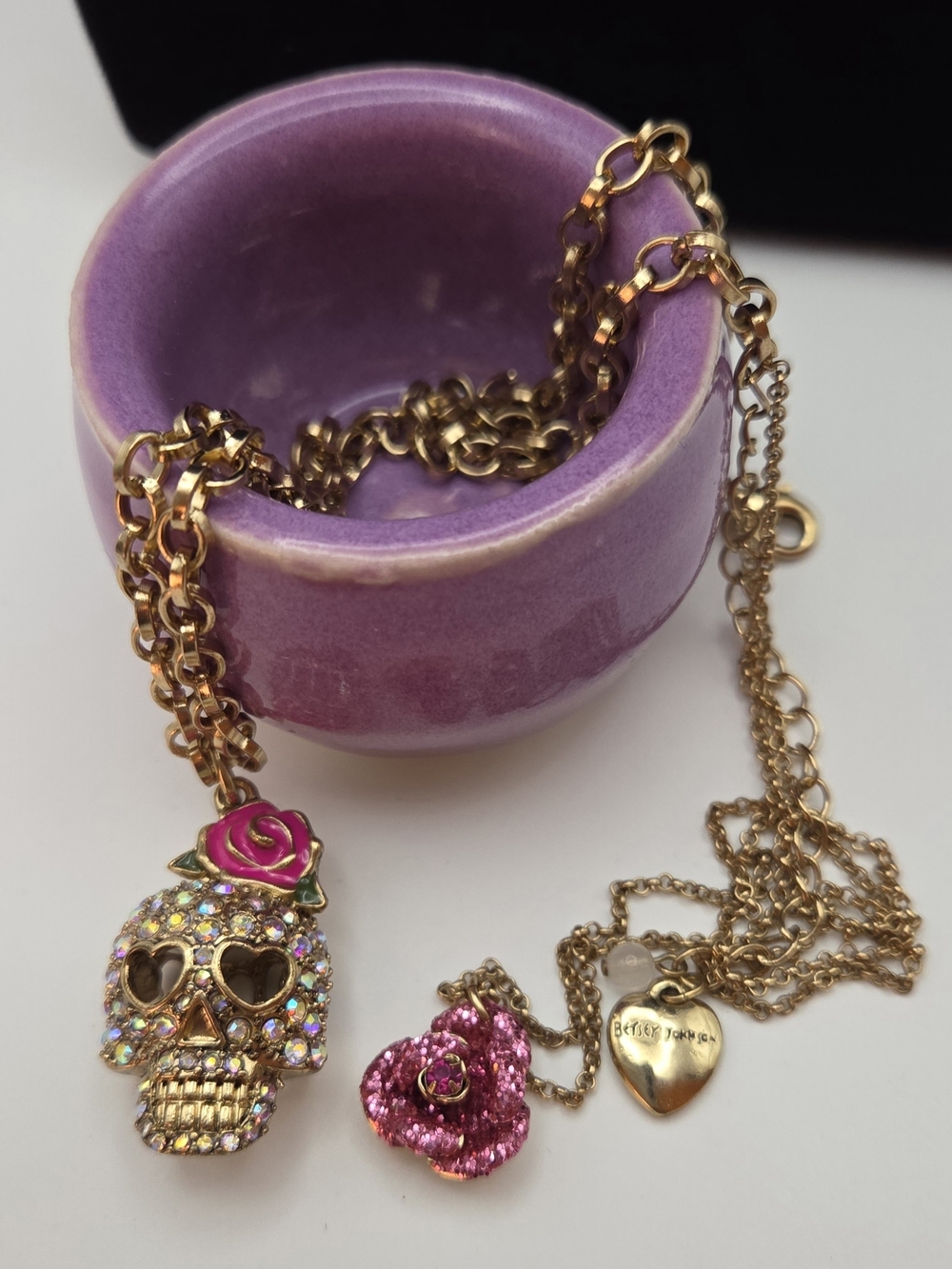 Betsey Johnson Sparkling Pink Crystal Pavé Skull & Rose Necklace